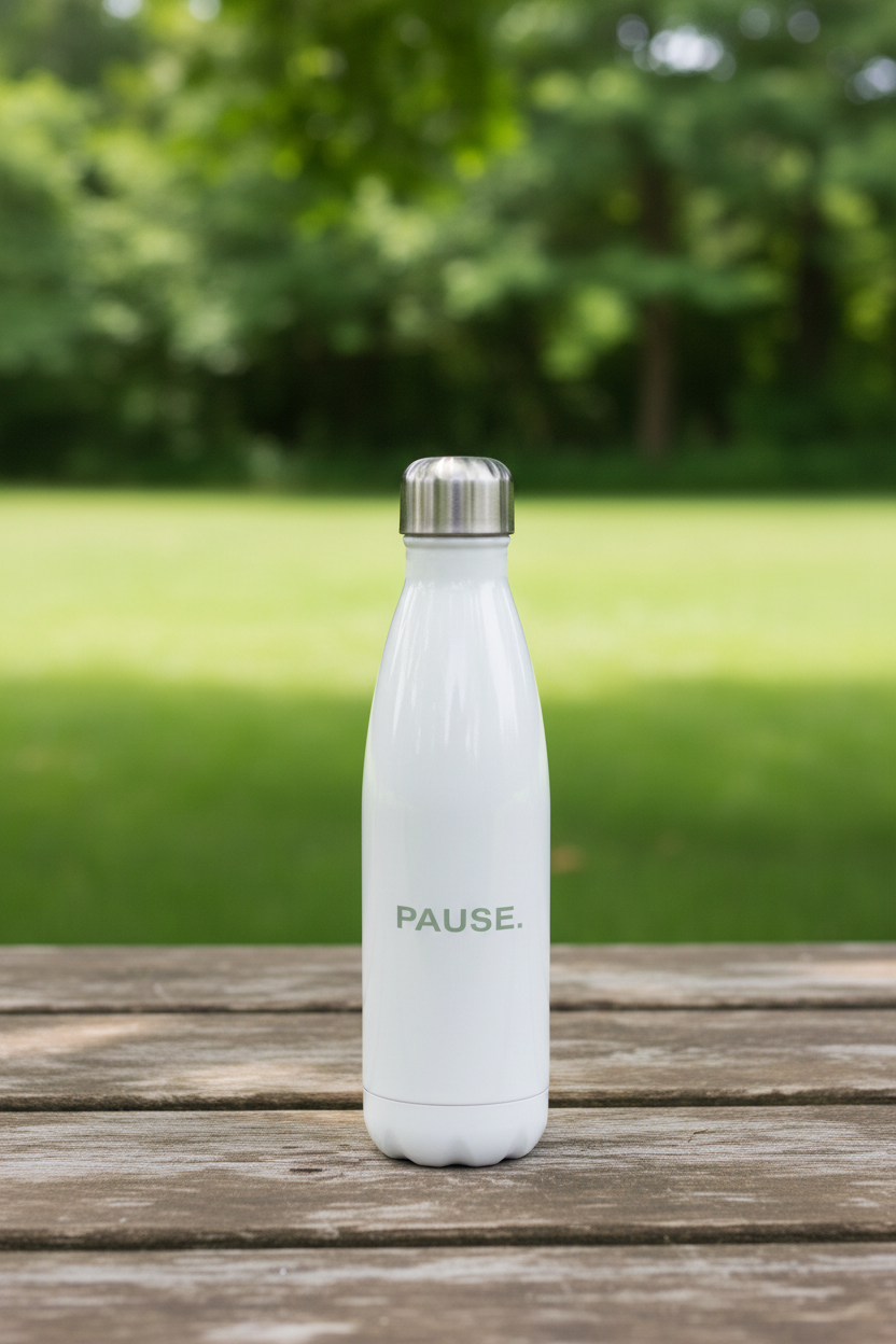 PAUSE green water bottle on outdoor picnic bench