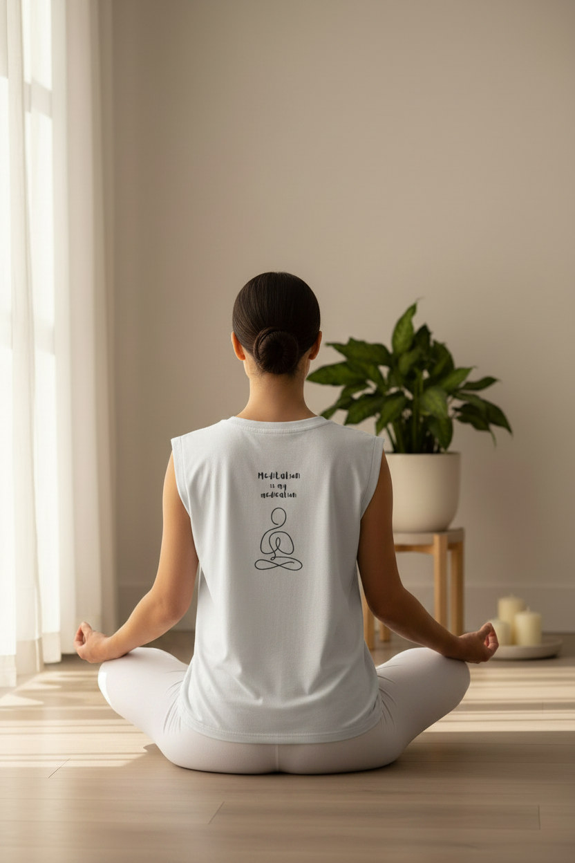 Woman in meditation pose wearing the flowy muscle tee – back view