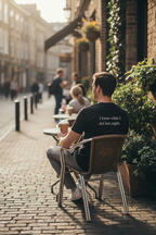 Back of black tee – outdoor morning café lifestyle