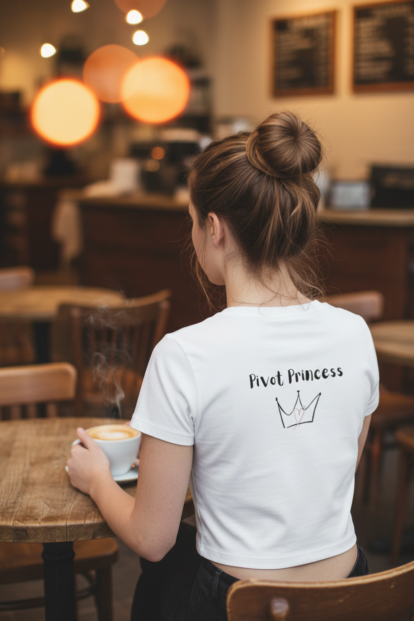 Pivot Princess white crop tee lifestyle shot - woman seated at café with back logo visible