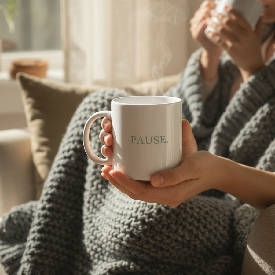 Close up of PAUSE sage green mug held in hands in a cosy home setting