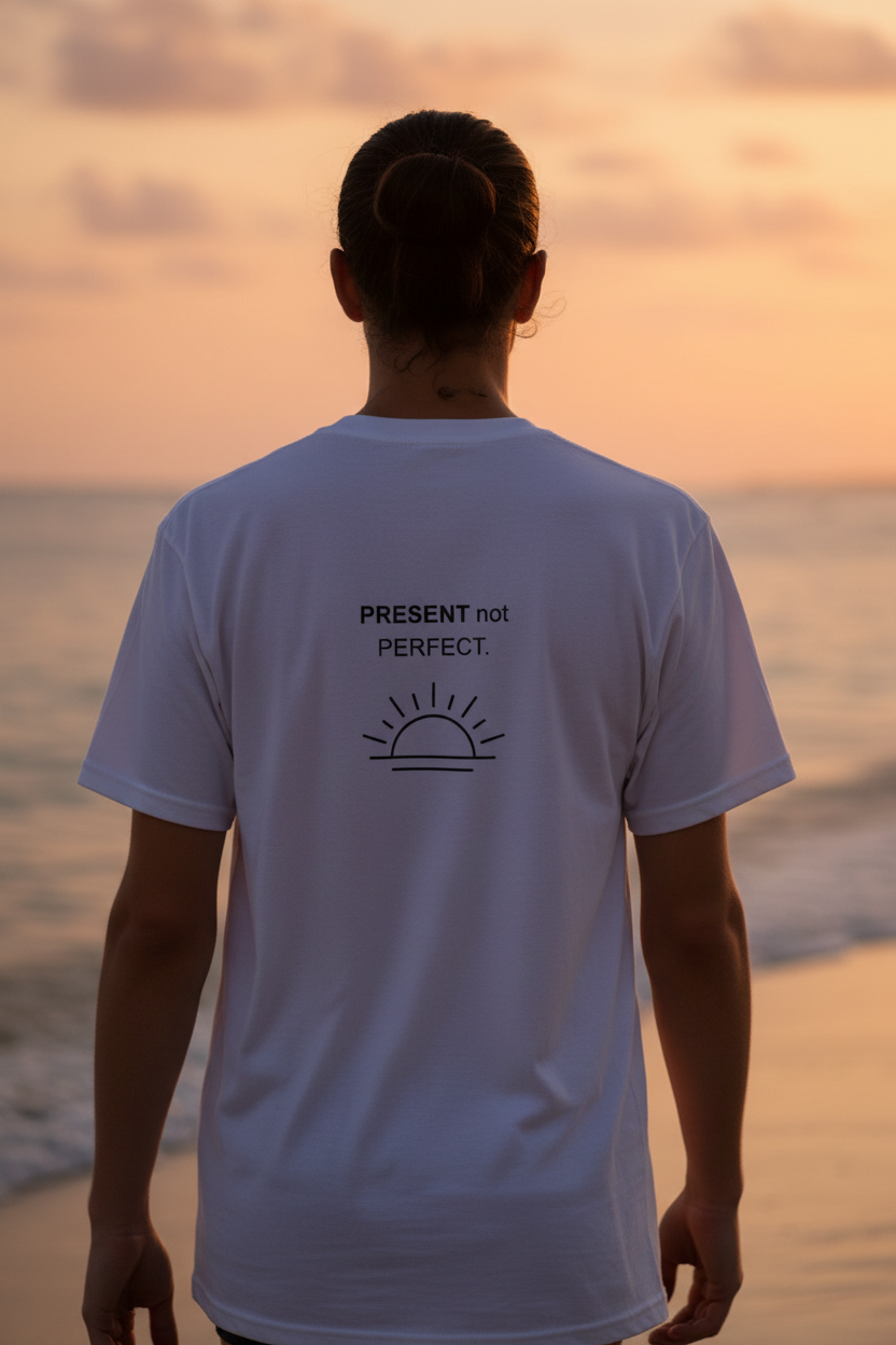 Back of PRESENT not PERFECT tee – sunset beach walk