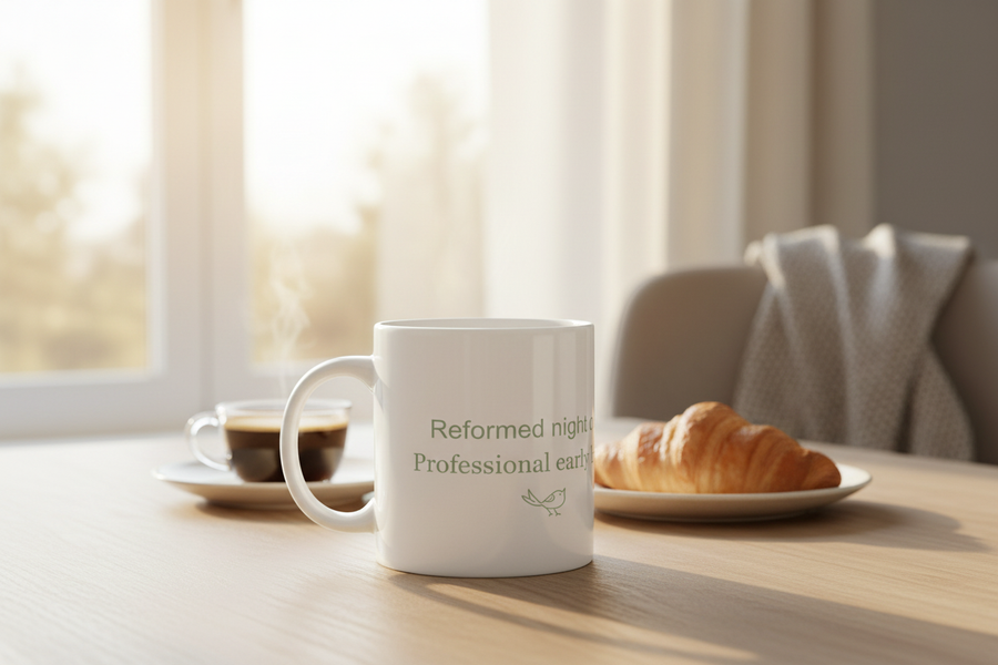 Reformed night owl mug green lifestyle shot