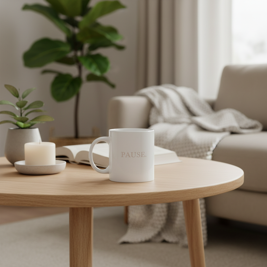 PAUSE pink mug on coffee table lifestyle shot