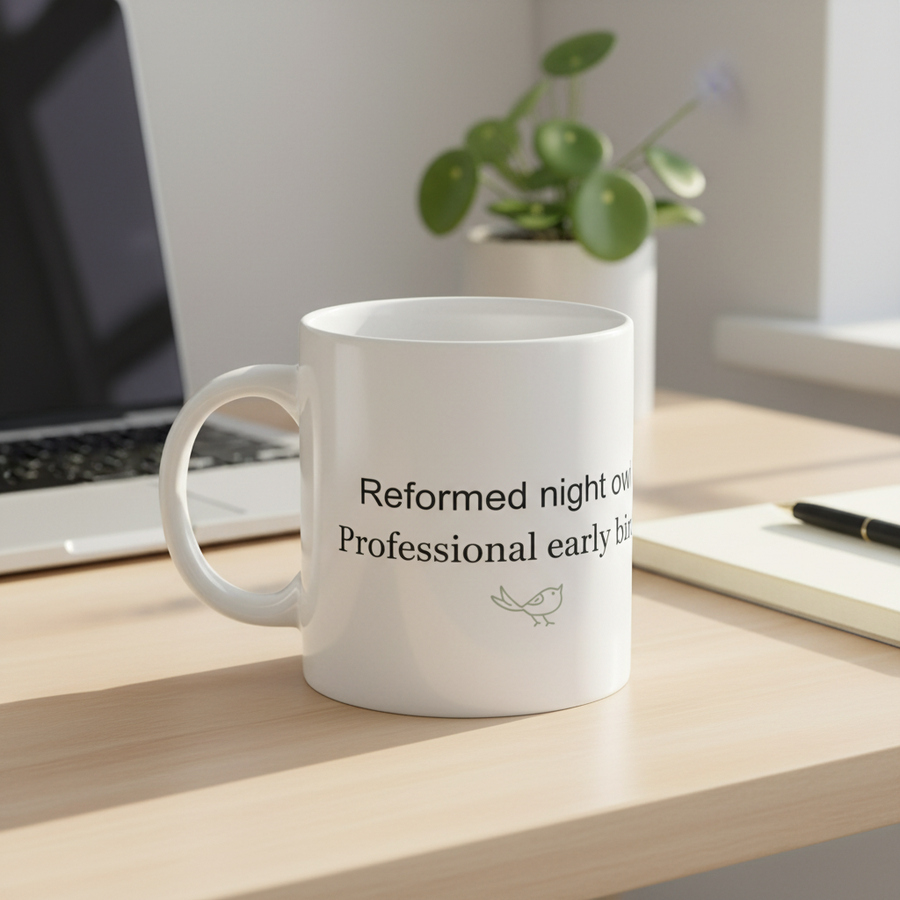 Reformed night owl professional early bird mug on office desk