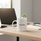 PAUSE black mug on office desk lifestyle shot
