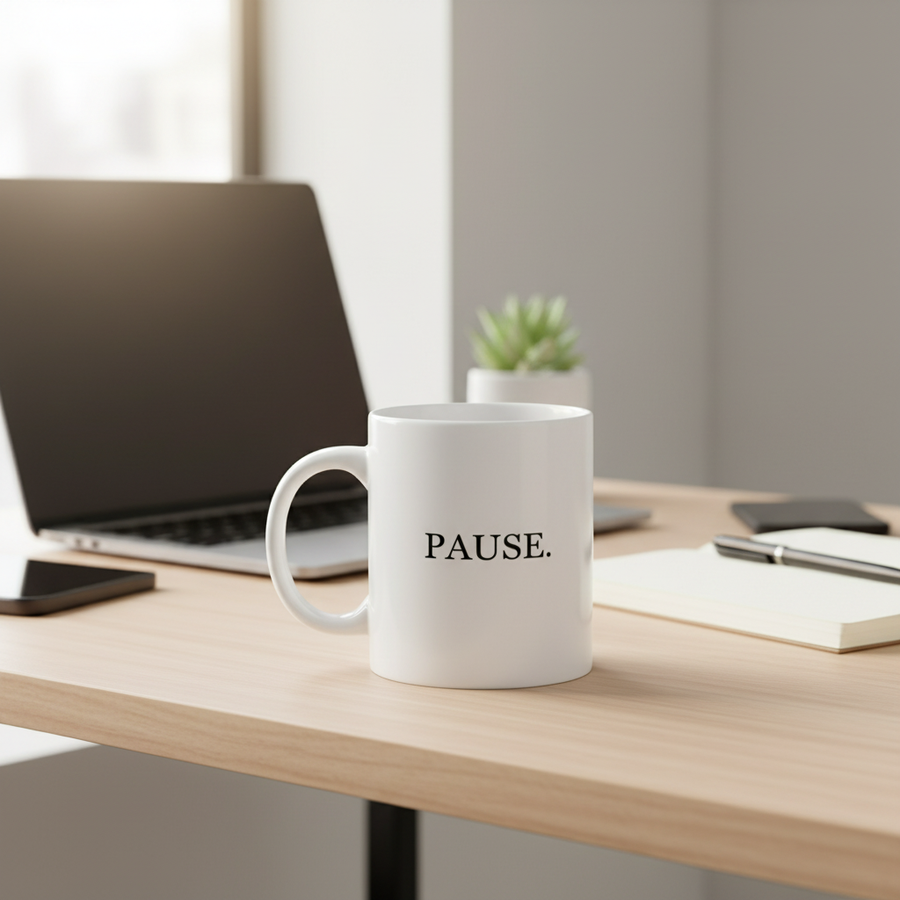 PAUSE black mug on office desk lifestyle shot