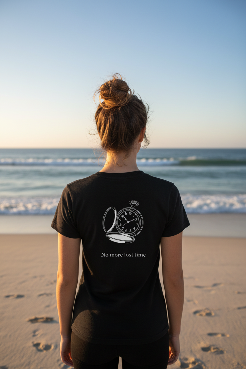Dark Time Tee back graphic lifestyle shot on beach at golden hour