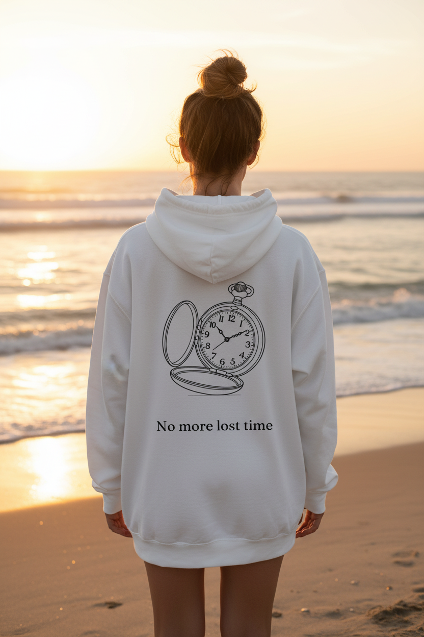 Time Hoodie back design lifestyle shot on beach at golden hour