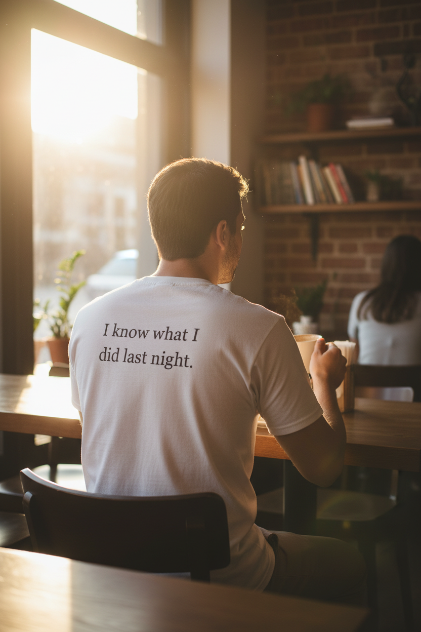 Back of white tee – morning coffee shop lifestyle
