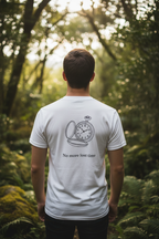 Back of No more lost time white tee – natural outdoor setting