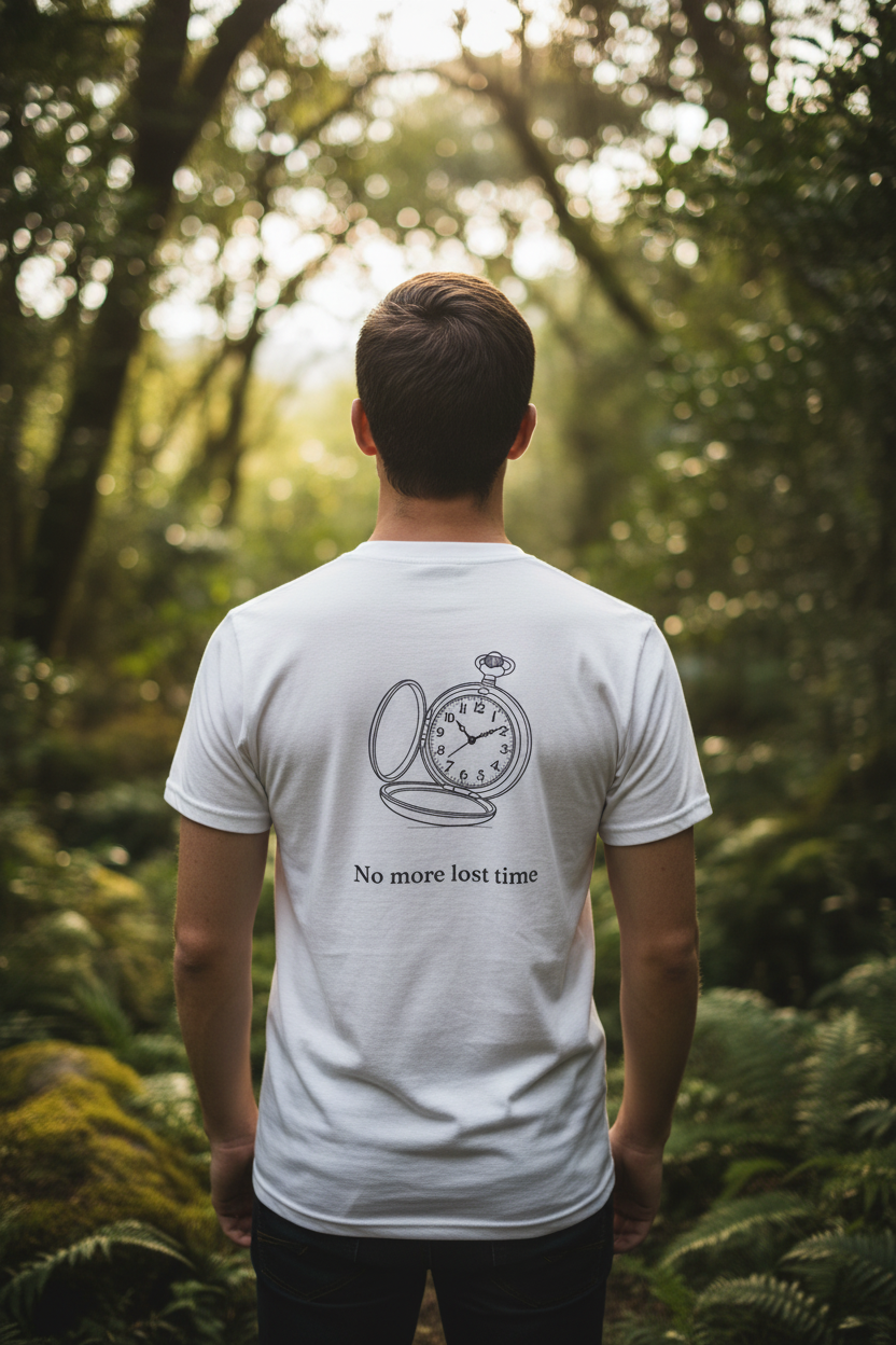 Back of No more lost time white tee – natural outdoor setting