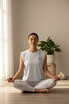 Woman in meditation pose wearing the flowy muscle tee – front view