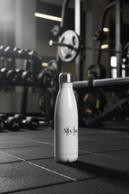 Premium stainless steel water bottle in gym environment