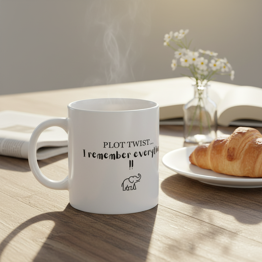 Plot twist I remember everything mug on morning breakfast table