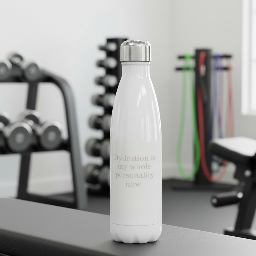 Hydration is my whole personality now water bottle in a gym setting