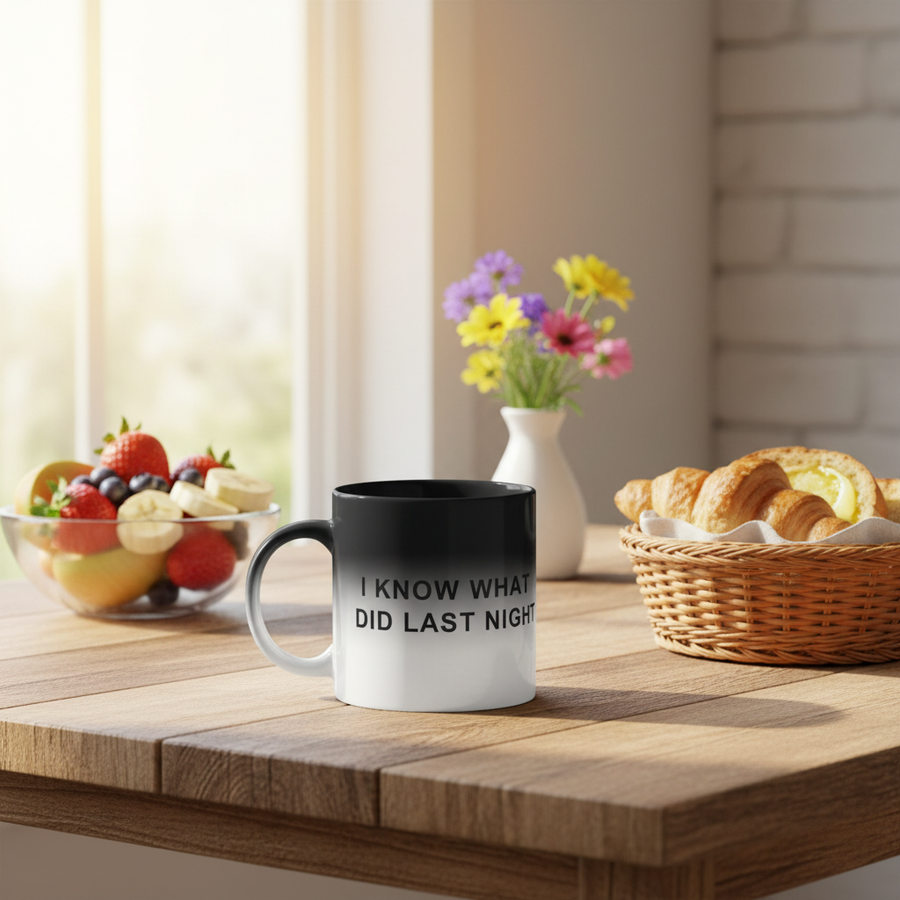 I Know What I Did Last Night colour changing mug on a breakfast table